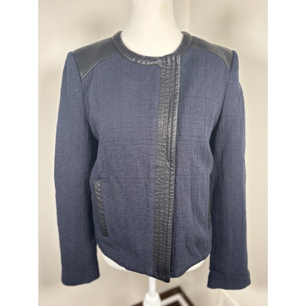 Mango Suit Womens Coat Blazer‎ S Blue with Black Leather Trim City